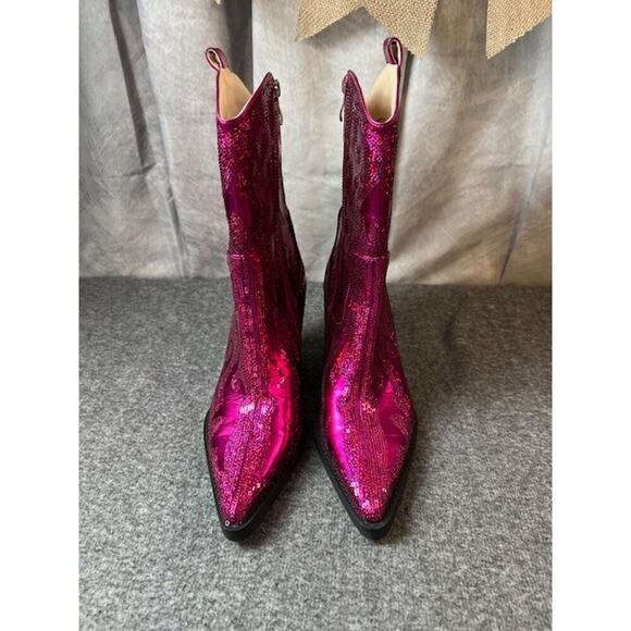 Azalea Wang Merril Sequin Pink Fuchsia Western Boots Size 7.5 - Picture 2 of 9